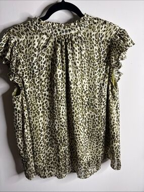 Voy Olive Leopard Print Ruffled Cap-Sleeve Blouse